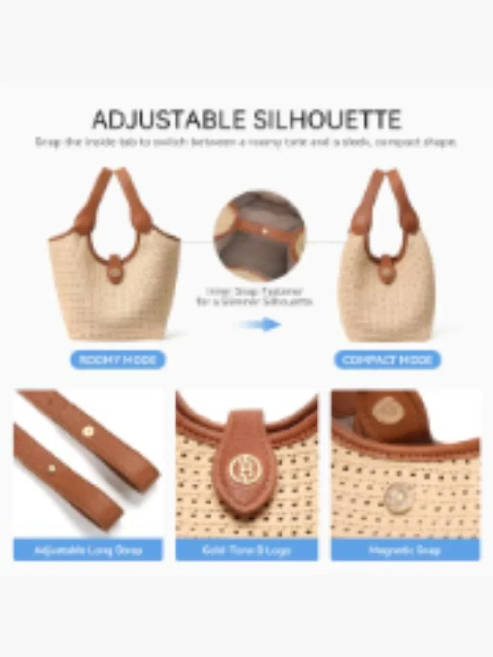 Convertible Crochet Bucket Bag Faux Leather Crossbody Adjustable Strap
